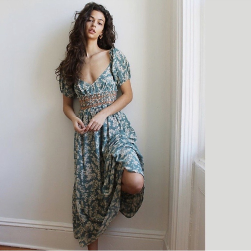 Free People Ellie Printed Maxi Dress Floral Boho Smocked Tiered